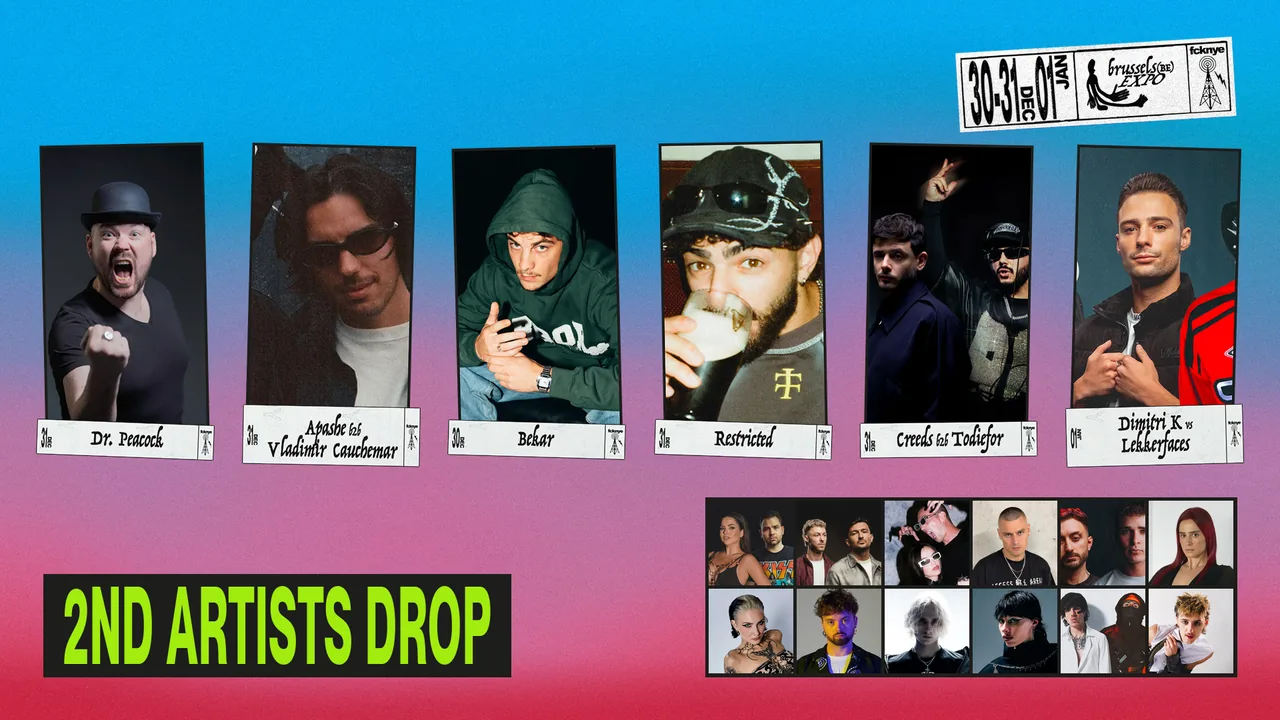 2ND ARTISTS DROP artwork with photos of Dr. Peacock, Apashe b2b VLADIMIR CAUCHEMAR, Bekar and more and their name labels