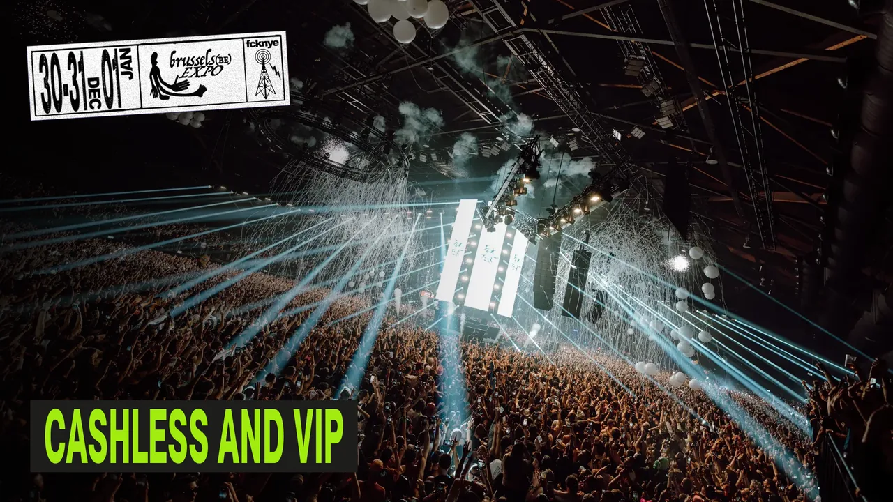 CASHLESS AND VIP over a FCKNYE Festival 2025 photo at Brussels Expo with the festival date box