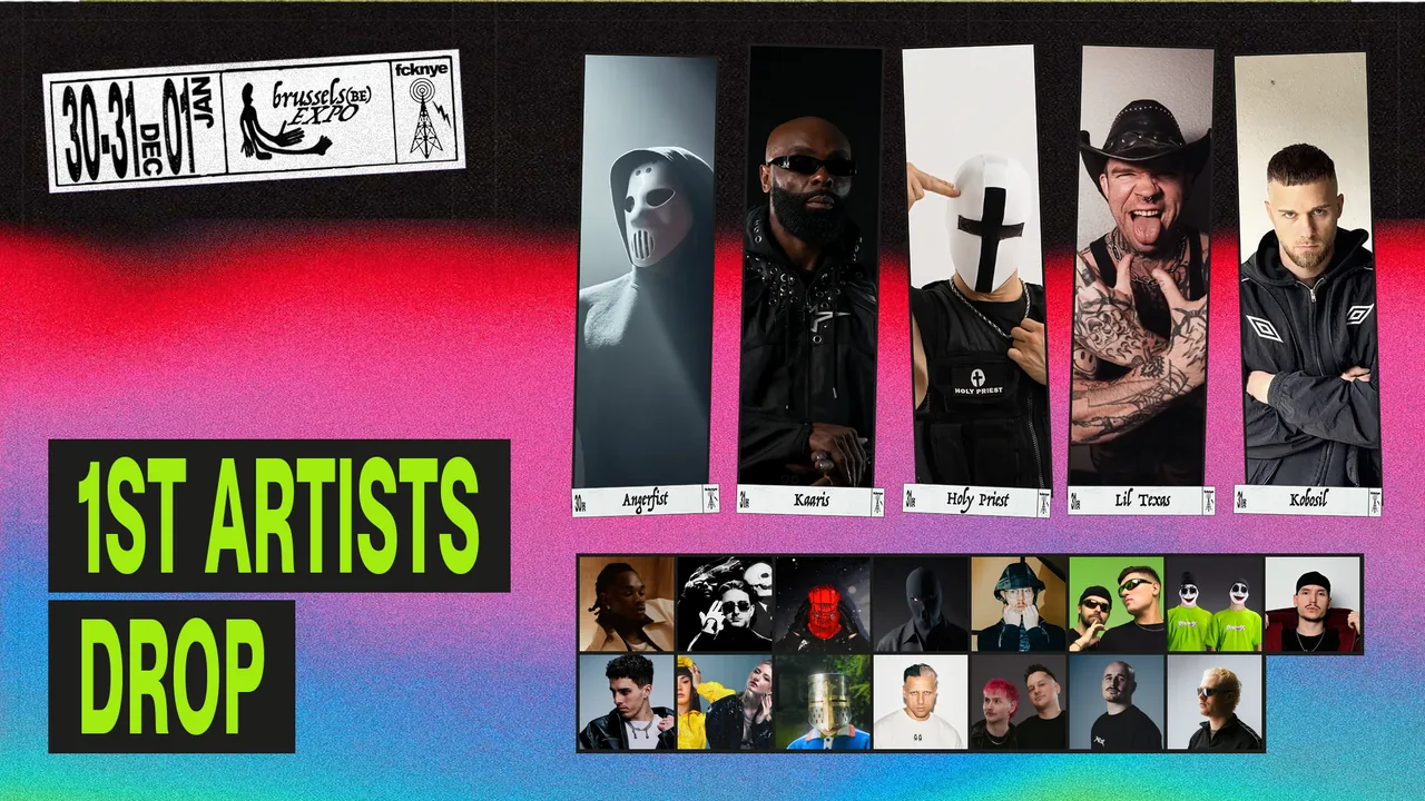 1ST ARTISTS DROP artwork with photos of Angerfist, Kaaris, HOLY PRIEST, LIL TEXAS, KOBOSIL and more and their name labels