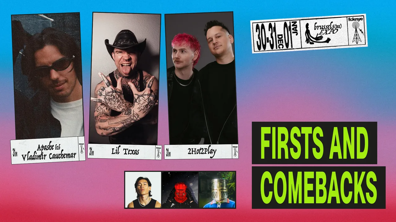 FIRSTS AND COMEBACKS artwork with photos of Apashe b2b VLADIMIR CAUCHEMAR, LIL TEXAS and more and their name labels
