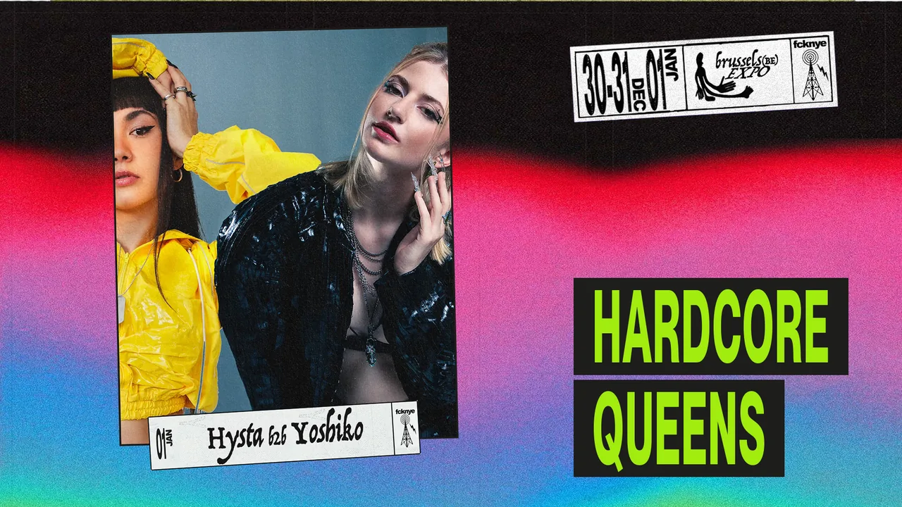 HARDCORE QUEENS artwork with photos of Hysta b2b Yoshiko and their name labels