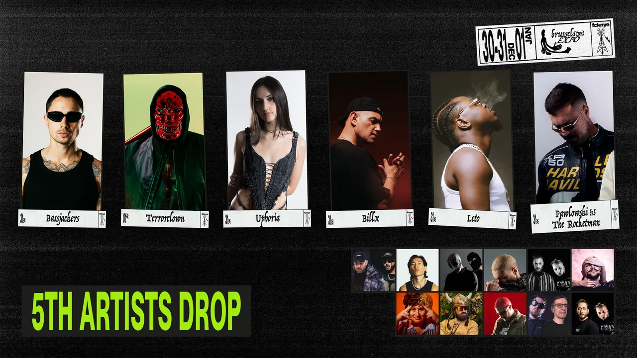 5TH ARTISTS DROP artwork with photos of Bassjackers, TerrorClown, UPHORIA, Billx, Leto and more and their name labels
