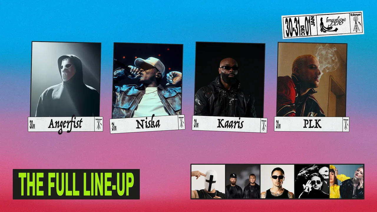 THE FULL LINE-UP artwork with photos of Angerfist, Niska, Kaaris, PLK, HOLY PRIEST, Showtek and more and their name labels