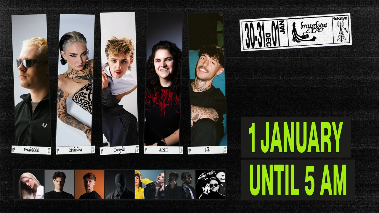 1 JANUARY UNTIL 5 AM artwork with photos of PRADA2000, NIKOLINA, davyboi, A.N.I., blk. and more and their name labels
