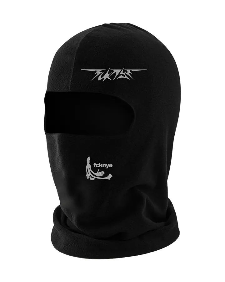 Black balaclava, white FCKNYE Festival logo on the forehead