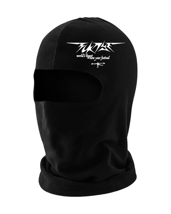 Black balaclava, white FCKNYE Festival logo and baseline on the forehead