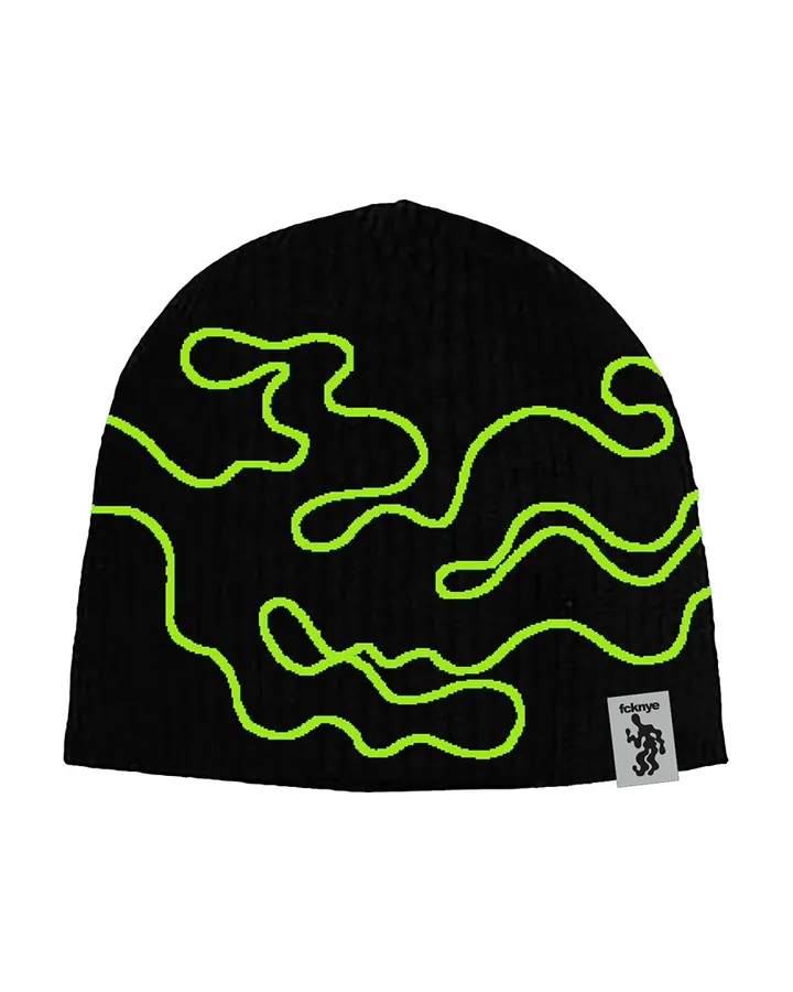 Black beanie with a lime green wavy pattern