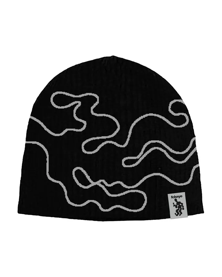 Black beanie with a grey wavy pattern