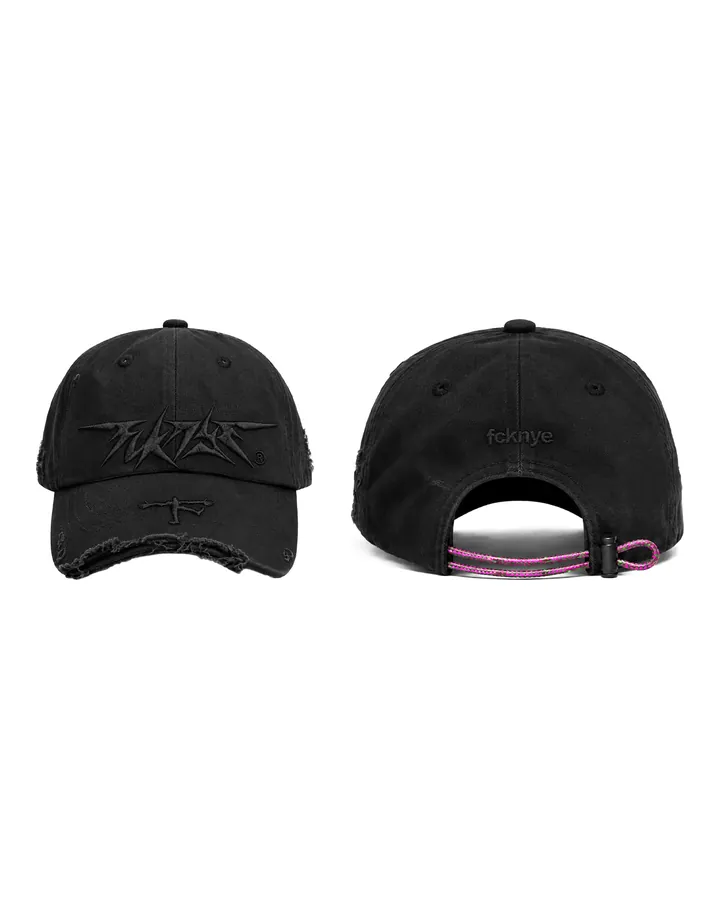 Black distressed cap, FCKNYE Festival logo embroidered in black