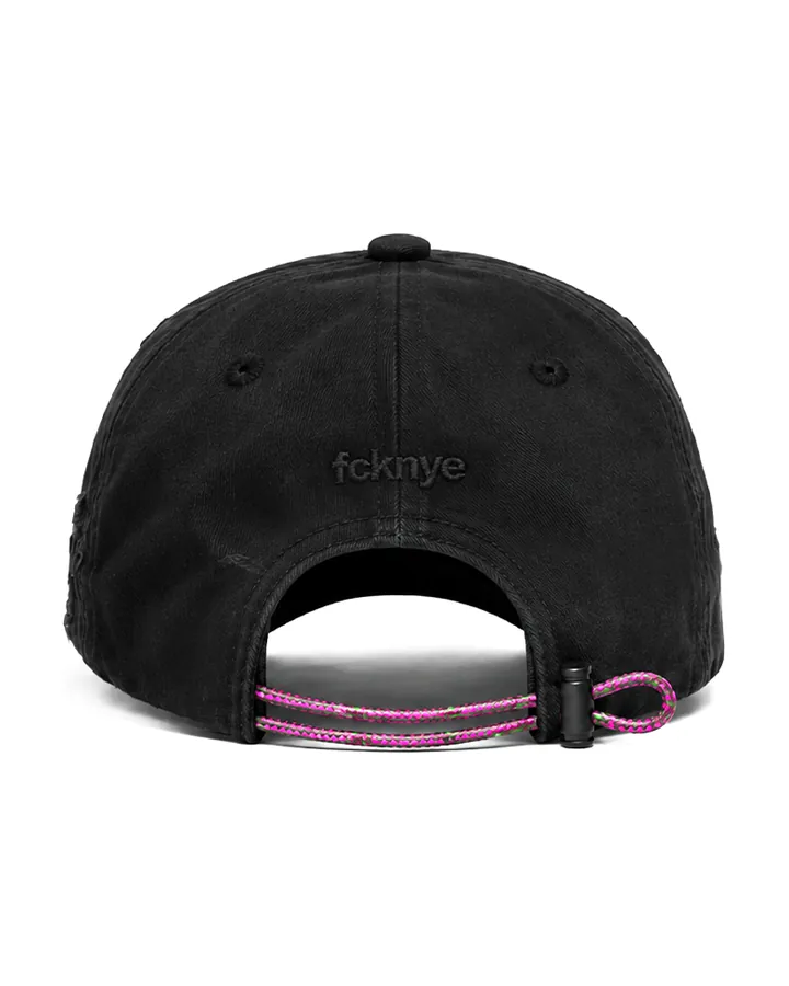 Back of the black distressed cap · fcknye embroidered above the strap and a pink adjustable cord
