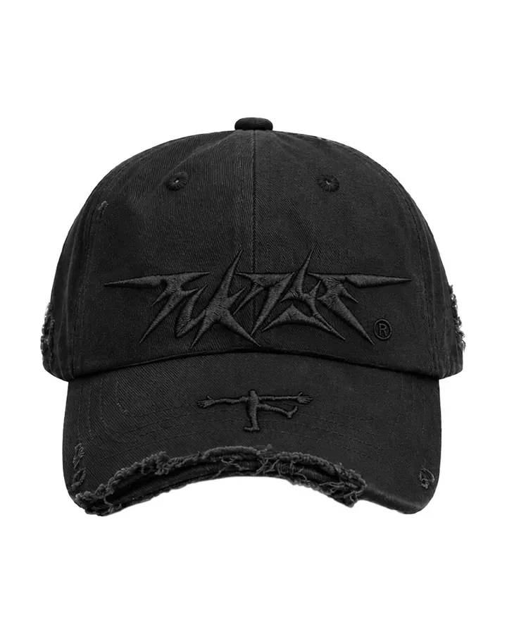 Front of the black distressed cap · FCKNYE Festival logo embroidered in black
