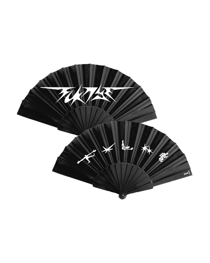 Black folding fan, FCKNYE Festival logo on one side and pictograms on the other