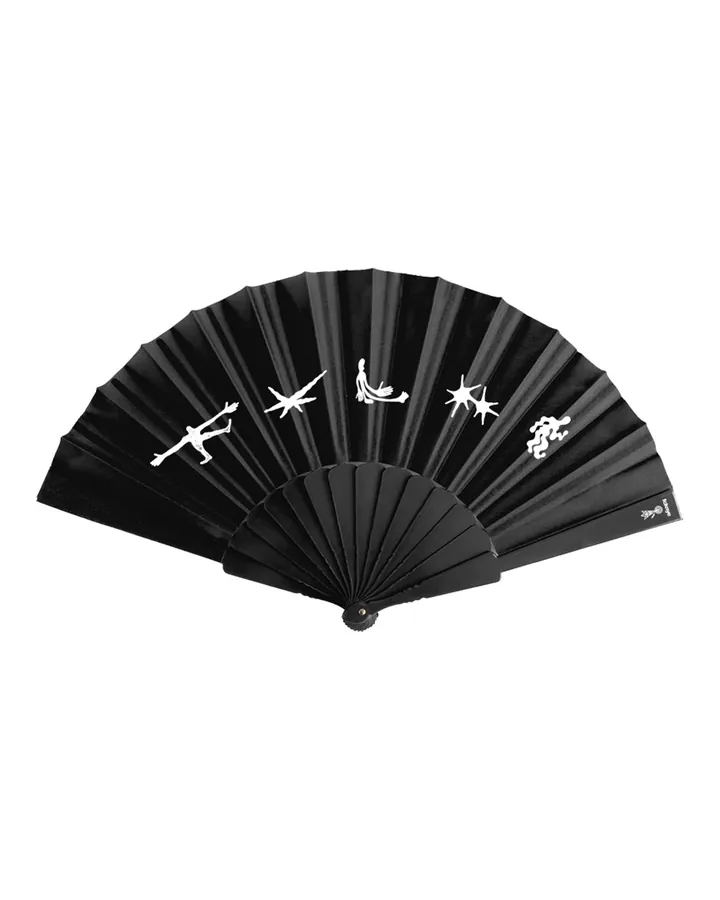 Black folding fan open · white pictograms