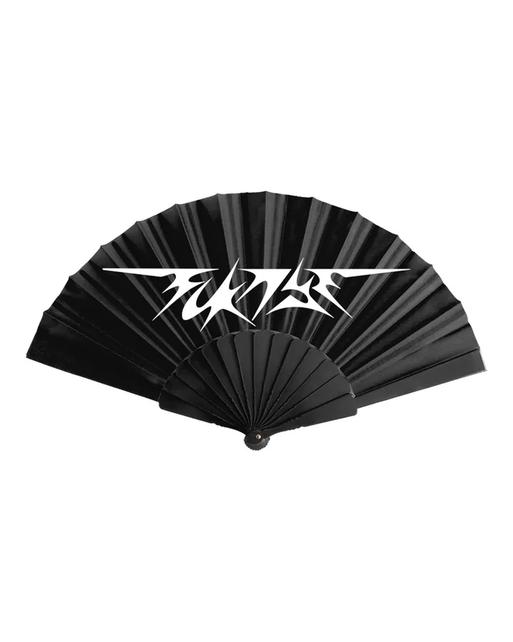 Black folding fan open · FCKNYE Festival logo in white