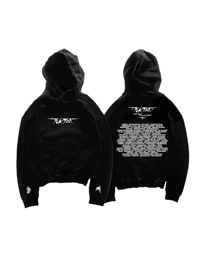 Black hoodie, white FCKNYE Festival logo on the chest and the line-up printed in white on the back, front and back views
