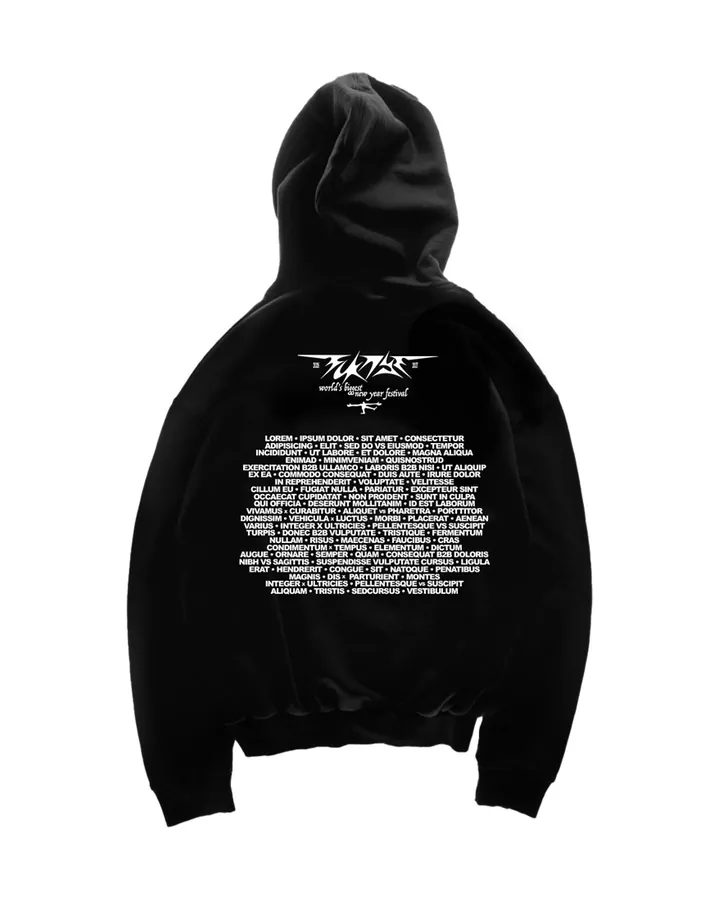 Back of the black hoodie · logo and line-up printed in white