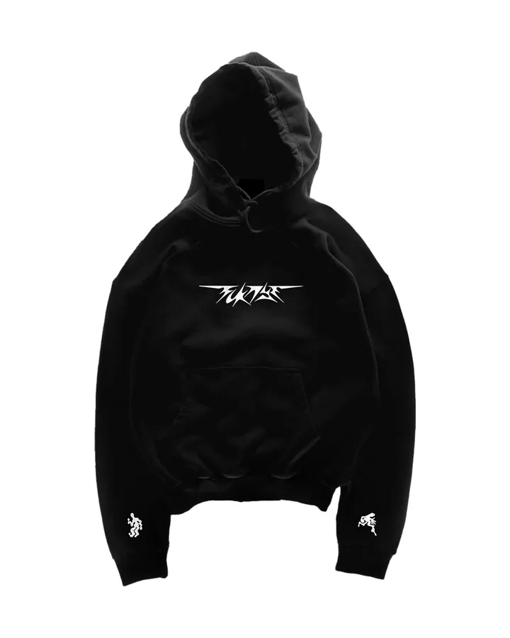 Front of the black hoodie · white FCKNYE Festival logo on the chest and small white prints on both cuffs
