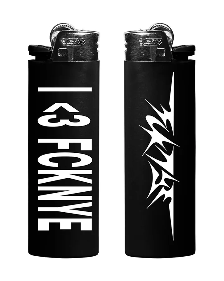 Two black lighters, one with I <3 FCKNYE, one with the FCKNYE Festival logo