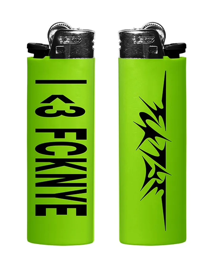 Two lime green lighters, one with I <3 FCKNYE, one with the FCKNYE Festival logo