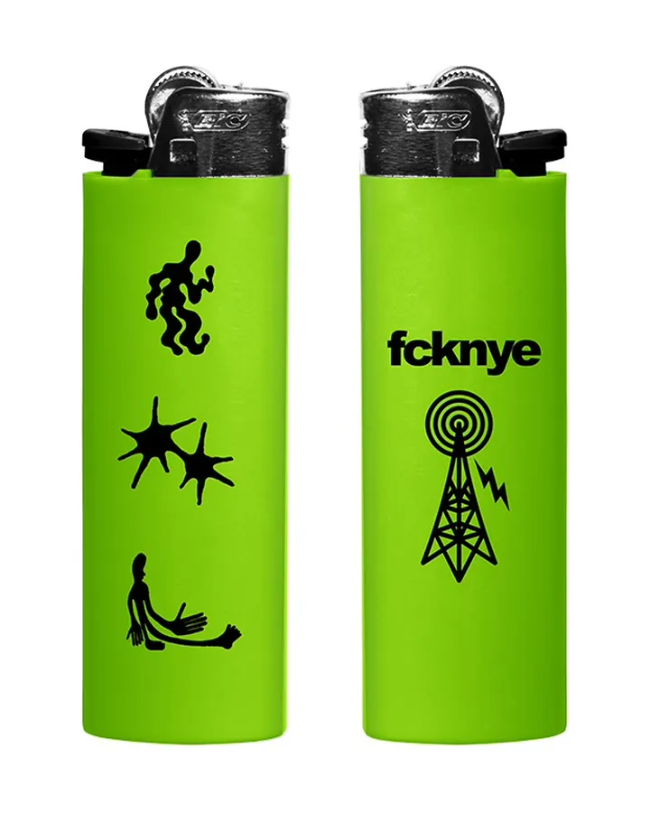 Two lime green lighters with black pictograms and the fcknye wordmark