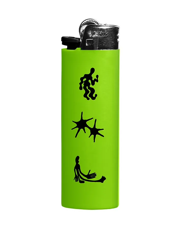 Lime green lighter · three black FCKNYE pictograms