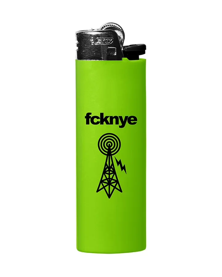 Lime green lighter · fcknye and the radio tower pictogram in black