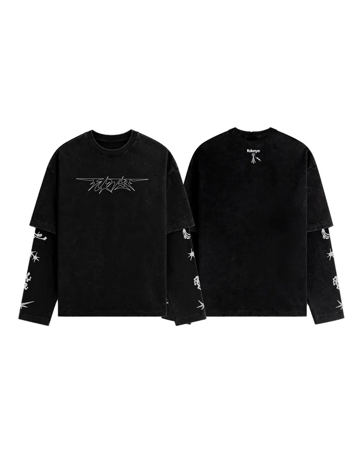 Black long-sleeve T-shirt, FCKNYE Festival logo on the chest and prints down the sleeves, front and back views
