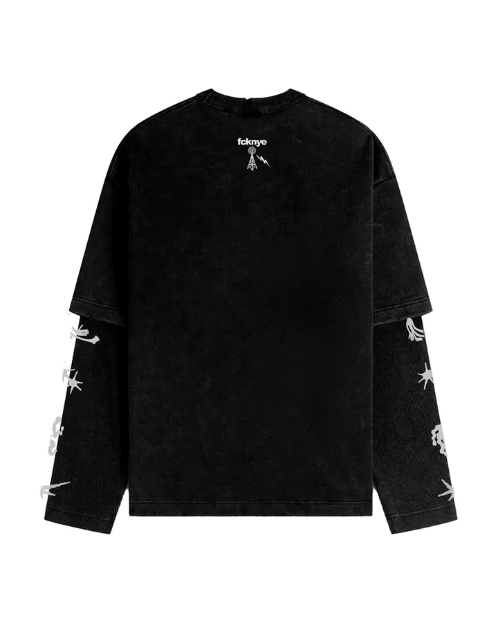 Back of the black long-sleeve T-shirt · small fcknye logo under the collar and prints down both sleeves