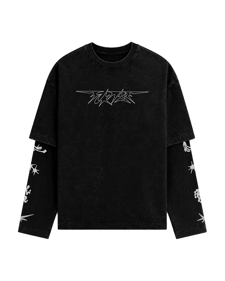 Front of the black long-sleeve T-shirt · FCKNYE Festival logo on the chest and prints down both sleeves