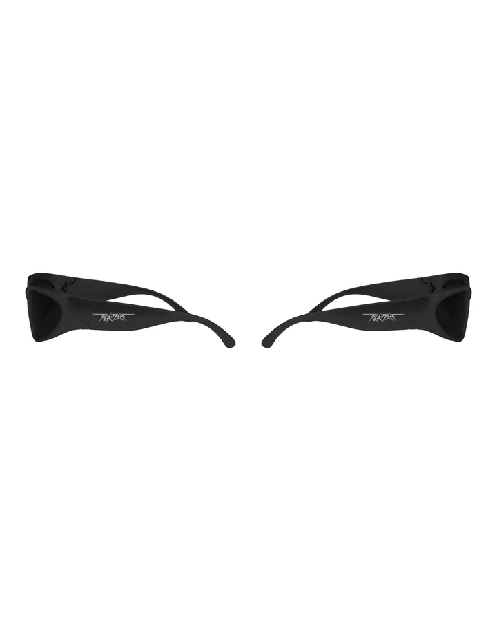 Black wraparound sunglasses, white FCKNYE Festival logo on the arm