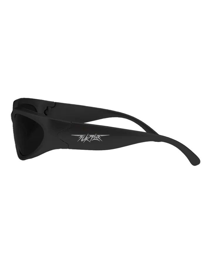 Black wraparound sunglasses seen from the right · white FCKNYE Festival logo on the arm