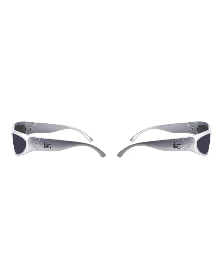 Light grey wraparound sunglasses with dark lenses, black print on the arm