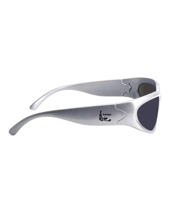 Light grey wraparound sunglasses with dark lenses seen from the left · black print on the arm