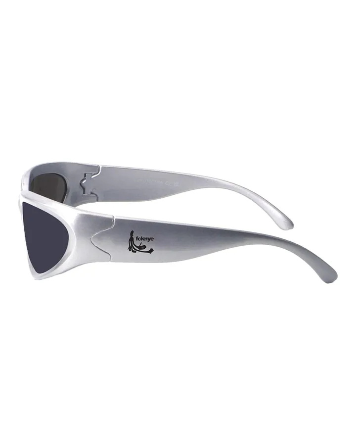 Light grey wraparound sunglasses with dark lenses seen from the right · black print on the arm