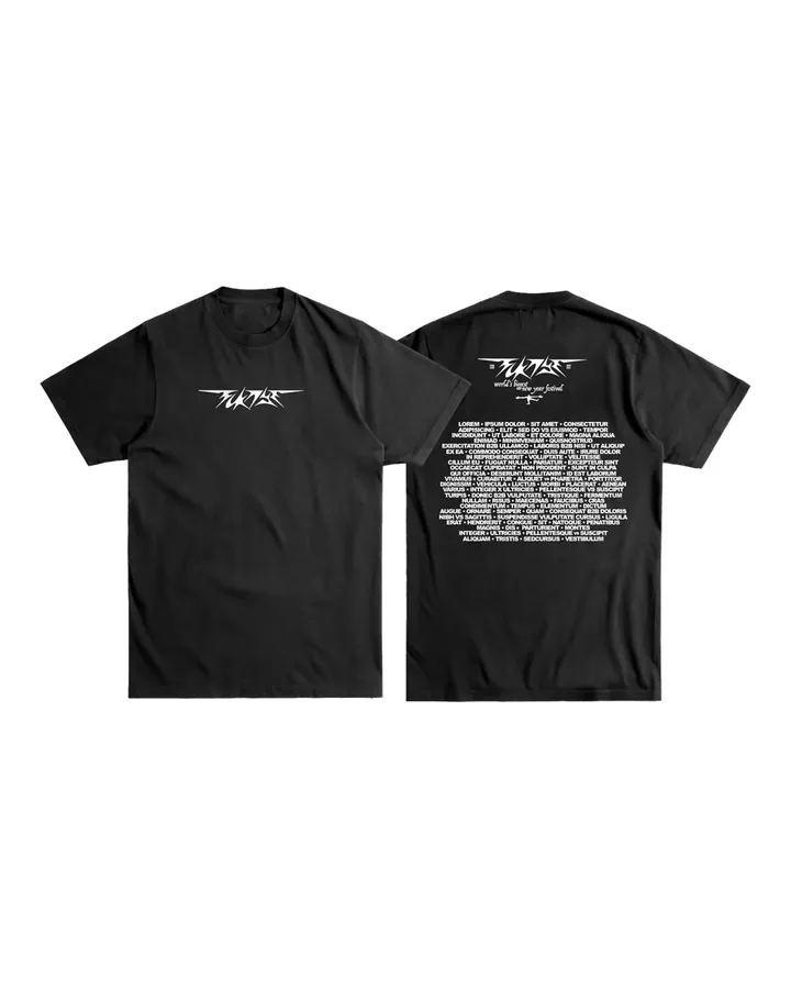 Black T-shirt, white FCKNYE Festival logo on the chest and the line-up printed in white on the back, front and back views