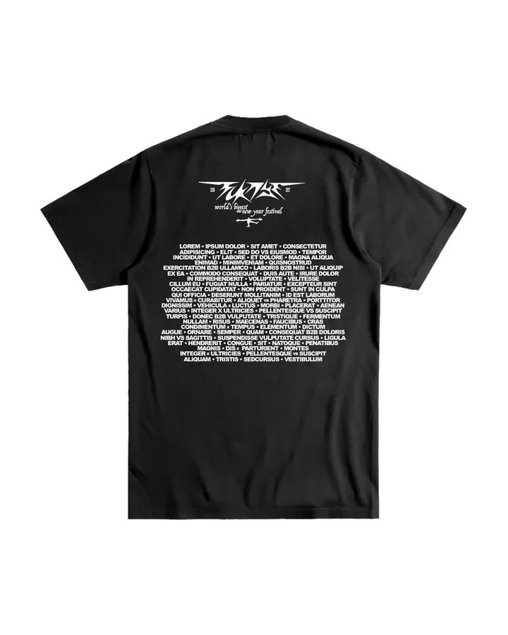 Back of the black T-shirt · logo and line-up printed in white