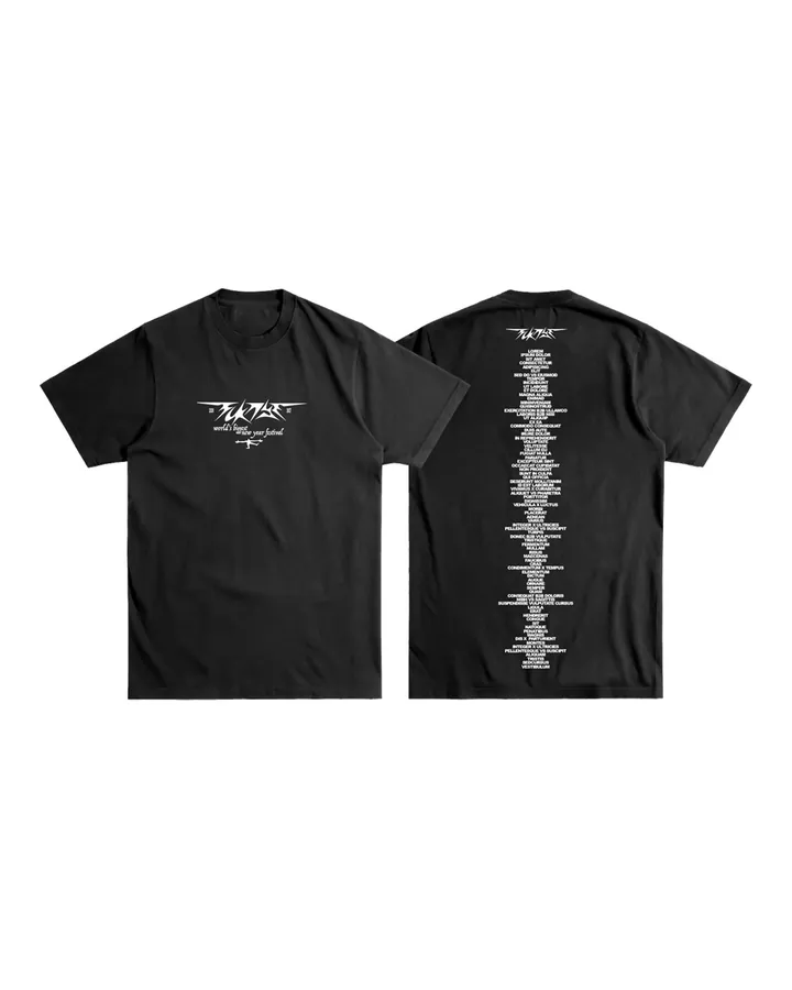 Black T-shirt, small white logo on the chest and the line-up printed in white down the back, front and back views