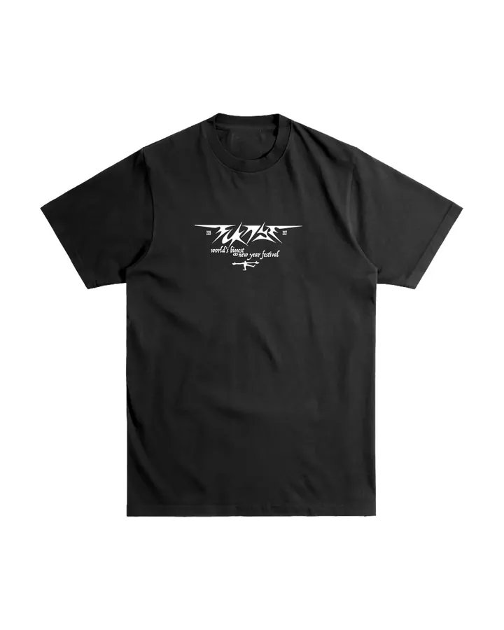 Front of the black T-shirt · small white logo and world's biggest new year festival on the chest