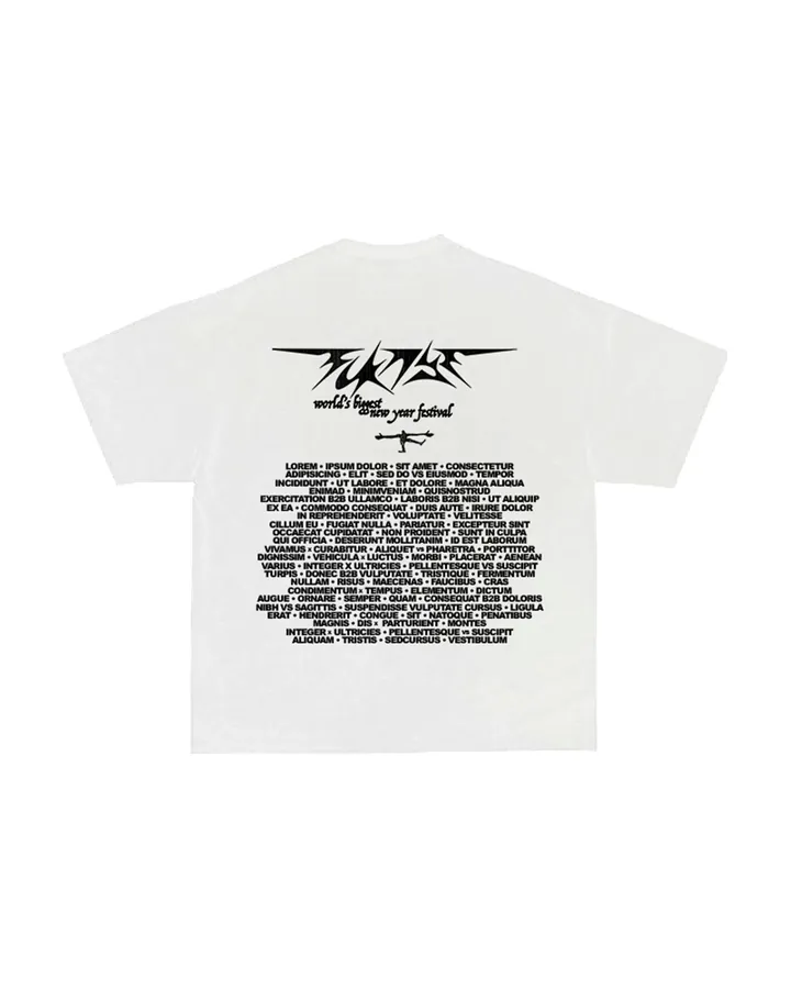 Back of the white T-shirt · logo and line-up printed in black