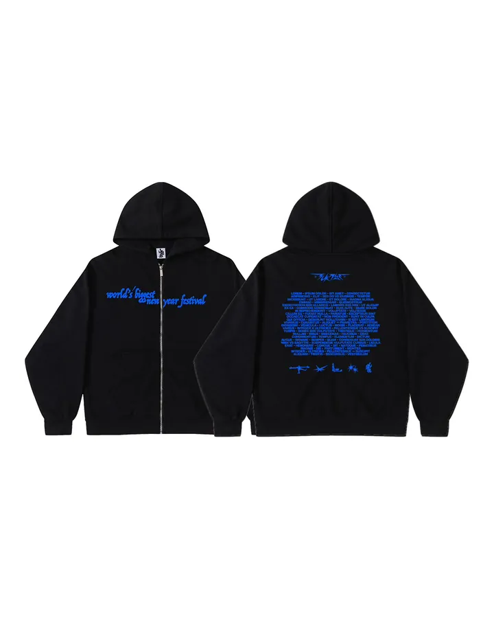 Black zip hoodie, blue print on the chest and the line-up printed in blue on the back, front and back views