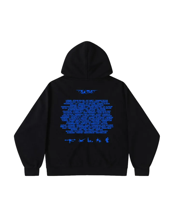 Back of the black zip hoodie · line-up and pictograms printed in blue