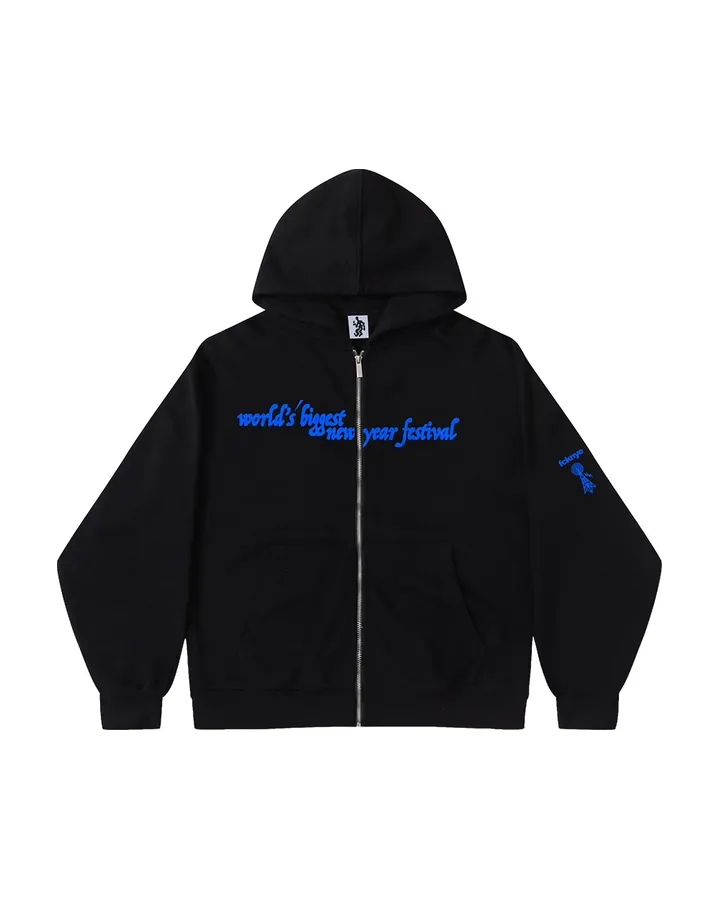 Front of the black zip hoodie · world's biggest new year festival in blue on the chest and a blue print on one sleeve