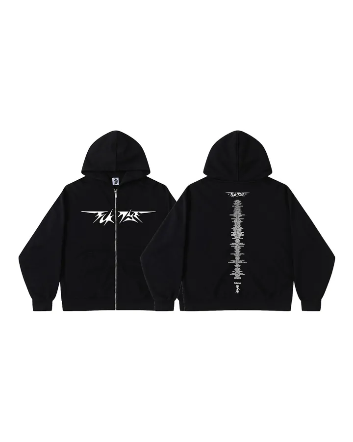 Black zip hoodie, white FCKNYE Festival logo on the chest and the line-up printed in white down the back, front and back views
