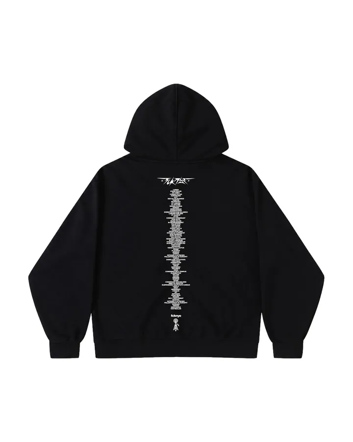 Back of the black zip hoodie · line-up printed in white in one column down the back