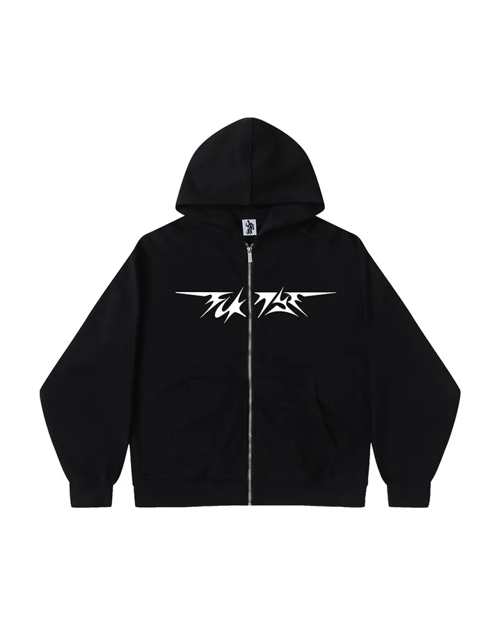 Front of the black zip hoodie · large white FCKNYE Festival logo across the chest